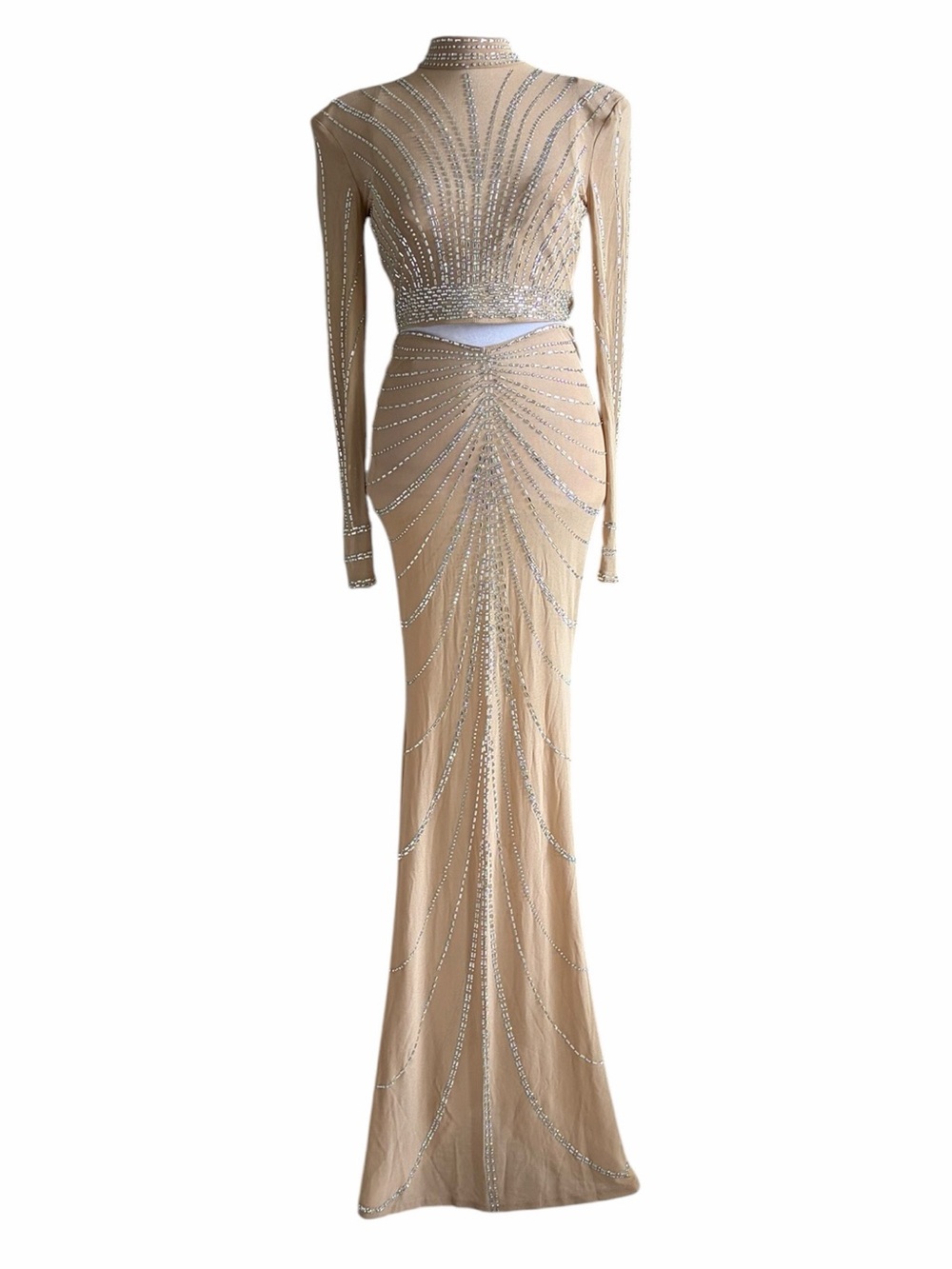 Banjul Nude-Beige Long Sleeve Beaded 2 PC Evening Gown